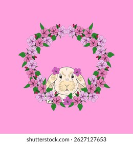 Cute Bunny with Pink Blossom Wreath: A Cheerful Design Featuring a Rabbit Surrounded by Flowers on a Bright Pink Background