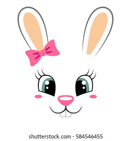 Cute Bunny With Pink Bow. Girlish Print With Rabbit Face For T-shirt