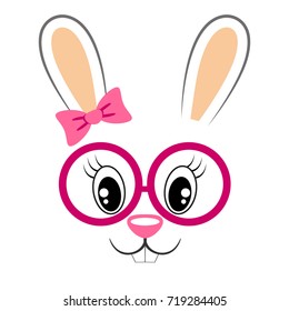 Cute bunny with pink bow and glasses. Girlish print with rabbit face for t-shirt