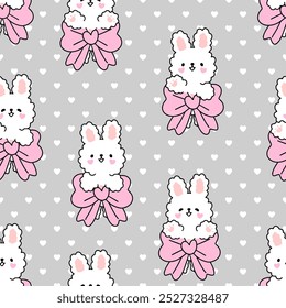 Cute bunny with pink bow on a grey background with hearts texture, kawaii animals valentines day or birthday seamless pattern