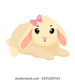 A cute bunny with a pink bow on its head lays on a white background. The bunny has a serious expression on its face, which gives the image a somewhat somber mood