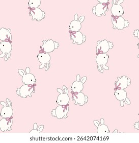  Cute bunny with pink bow on the neck, isolated on a white background, vector illustration rabbit 
