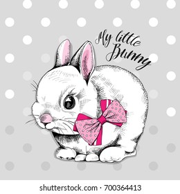 Cute Bunny with a pink bow on a gray polka dot background. Vector illustration.