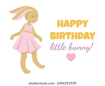 Cute bunny in pink dress and birthday message. Perfect for kids' birthday greetings and invitations.