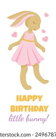 Cute bunny in pink dress and birthday message. Perfect for kids' birthday greetings and invitations.