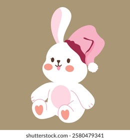 A cute bunny with pink hat is sitting.