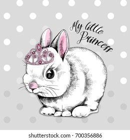 Cute Bunny with a pink princess crown on a gray polka dot background. Vector illustration.
