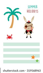 cute bunny pirate summer holidays tag vector