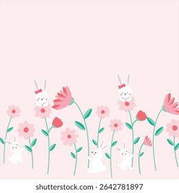 Cute bunny placement boarder print, use for wallpapers,apparels dresses,baby bunny,rabbit playing with flowers enjoying with bunnies buddies 