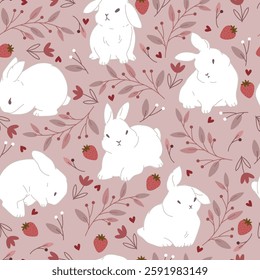 Cute bunny , plants and strawberry, seamless pattern. Vector illustration with bunny for Easter.