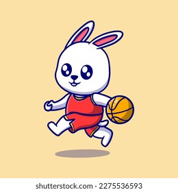 Cute bunny playing basketball cartoon icon illustration. funny character for stickers and business