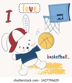 Cute Bunny playing basketball. Vector illustration, children card printing, can be used to print t-shirts, children wear fashion design.