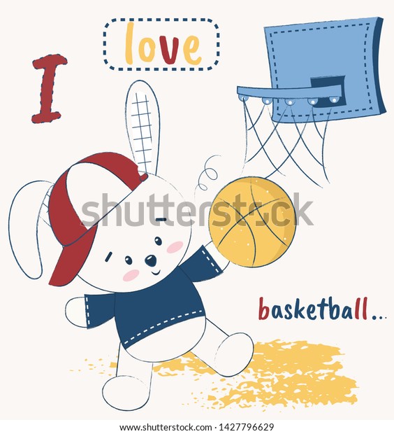 Cute Bunny Playing Basketball Vector Illustration Stock Vector (Royalty