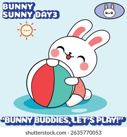 Cute bunny playing with a beach ball on a sunny day. A cheerful and colorful summer illustration perfect for kids products, stickers, and seasonal design.