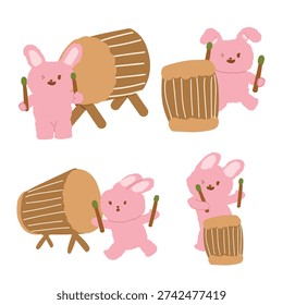 Cute Bunny Playing Bedug Drum Ramadan Islamic Character Vector Illustration Set