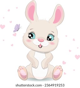 Cute Bunny Playing With A Butterfly vector illustrationt