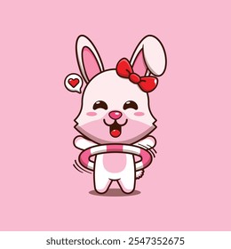 Cute bunny playing hula hoop cartoon vector illustration. mascot cartoon character vector illustration. design element suitable for poster, brochure, web, mascot, sticker, logo and icon.