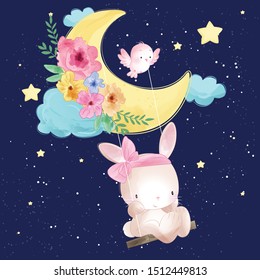 Cute bunny playing in the moon