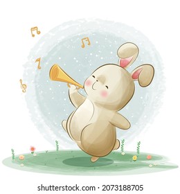 Cute bunny playing music cartoon illustration, watercolor animals, for cover book, print, baby shower, nursery decorations, birthday invitations, poster, greeting card