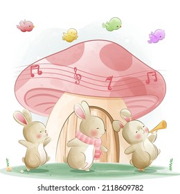 cute bunny playing music instruments and having fun