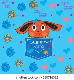 cute bunny in a pocket with flowers and hearts vector illustration