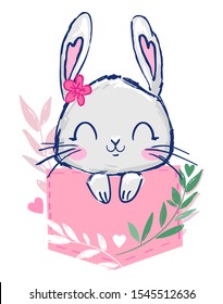 Cute bunny in the pocket. Print for children. Textile design trend. Vector illustration. Hand drawn cute cartoon character.