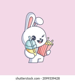 Cute bunny with popcorn and drink cartoon