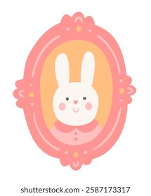 Cute bunny portrait in pink frame. Cartoon rabbit. Children illustration in flat style.