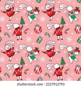 Cute bunny  preparation for christmas. Christmas print on pink background. Seamless pattern.  Christmas print.