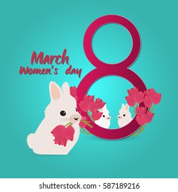 Cute bunny presents a bouquet of purple tulips.Vector illustration to the Women's Day (8th of March). Family of rabbits