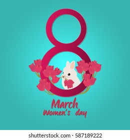 Cute bunny presents a bouquet of purple tulips.Vector illustration to the Women's Day (8th of March). Rabbit looking out with flowers