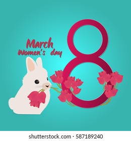 Cute bunny presents a bouquet of purple tulips.Vector illustration to the Women's Day (8th of March). Rabbit brought flowers