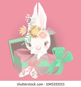 Cute bunny princess, girl in a gift box with tied bow in flower wreath, floral bouquet and ballet shoes