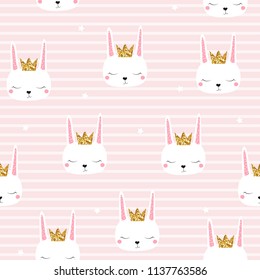 Cute Bunny Princess With Gold Glitter Crown Seamless Pattern. Fashion Kids Graphic. Vector Hand Drawn Illustration.