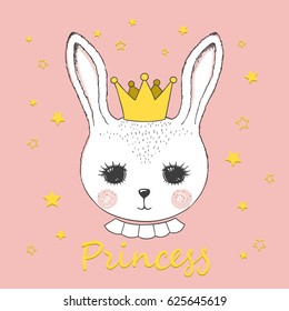 Cute bunny princess. Rabbit girl with crown. Vector illustration for print on t-shirt, bag and other uses