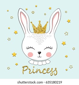 Cute bunny princess. Rabbit girl with crown. Vector illustration for kids