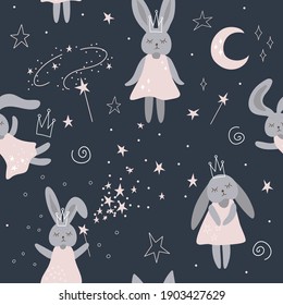 Illustration Vectorielle De La Jolie Lapine Princesse. Motif Magique De Bébé De Nuit Harmonieux. Lapin avec baguette magique