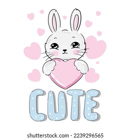 cute bunny, print design rabbit with slogan Cute and pink hearts, children print on t-shirt for kids vector illustration