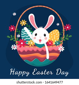 Cute Bunny with Printed Eggs and Flowers in Colorful Basket on Blue Background for Happy Easter Day.