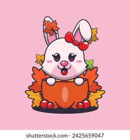 Cute bunny in a pumpkin at autumn season. Mascot cartoon vector illustration suitable for poster, brochure, web, mascot, sticker, logo and icon.