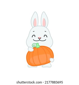 Hermoso lindo con calabaza. Dibujo plano de un pequeño conejo gris con una gran calabaza en sus patas aislado en un fondo blanco. Vector 10 EPS.
