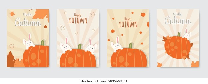 Cute Bunny Pumpkin Poster Set Sunburst Fall Cover Template
