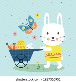 Cute bunny pushing cart carrying Easter eggs