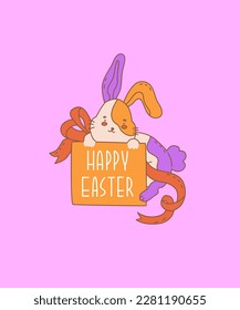 Cute bunny with quote Happy Easter. Illustration for the decoration of the spring holiday Easter. Religious symbol of the rebirth of life after death. The elements are isolated. Vector illustration.