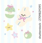 Cute bunny rabbit with apple, bite apple, stars illustration. Hand drawn Cartoon kawaii style. Vector. flat design. 