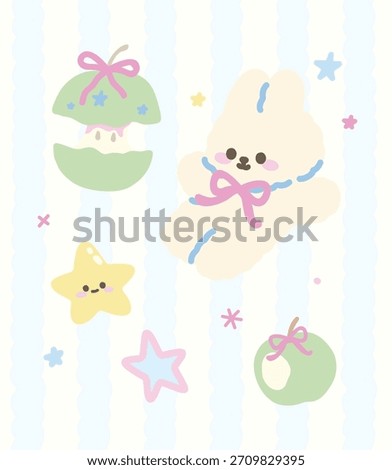 Cute bunny rabbit with apple, bite apple, stars illustration. Hand drawn Cartoon kawaii style. Vector. flat design. 