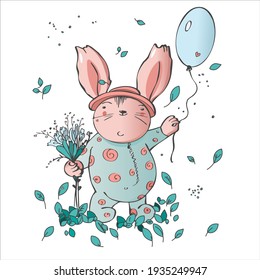 Cute bunny rabbit with balloon and spring flowers. Vector illustration for print and design.