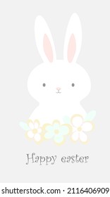 Cute bunny, rabbit with beautiful floral, flowers wreath. Happy easter card