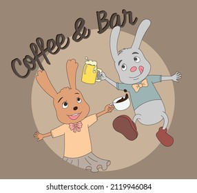 cute bunny rabbit with beer and coffee cup in hand of brown background. coffee shop logo. food menu.business logotype.design . cartoon.bar logo. restaurant logo.party.