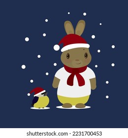 Cute bunny rabbit and bird. Vector illustration. Little cute hare. Vector flat illustration for print.  Christmas party for friends.